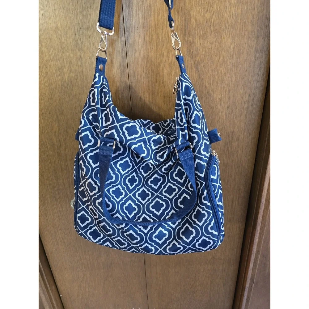 Sarah Wells Lizzie Navy White  & Gree  Pump Tote‎ Satchel